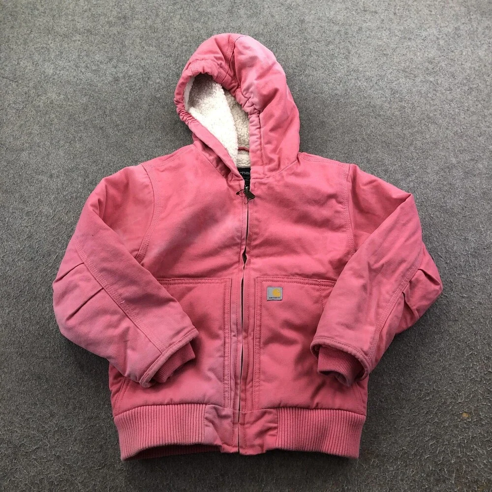 Carhartt Jacket Kids 5 Pink Hooded Canvas Bomber Sherpa Lined Winter Coat